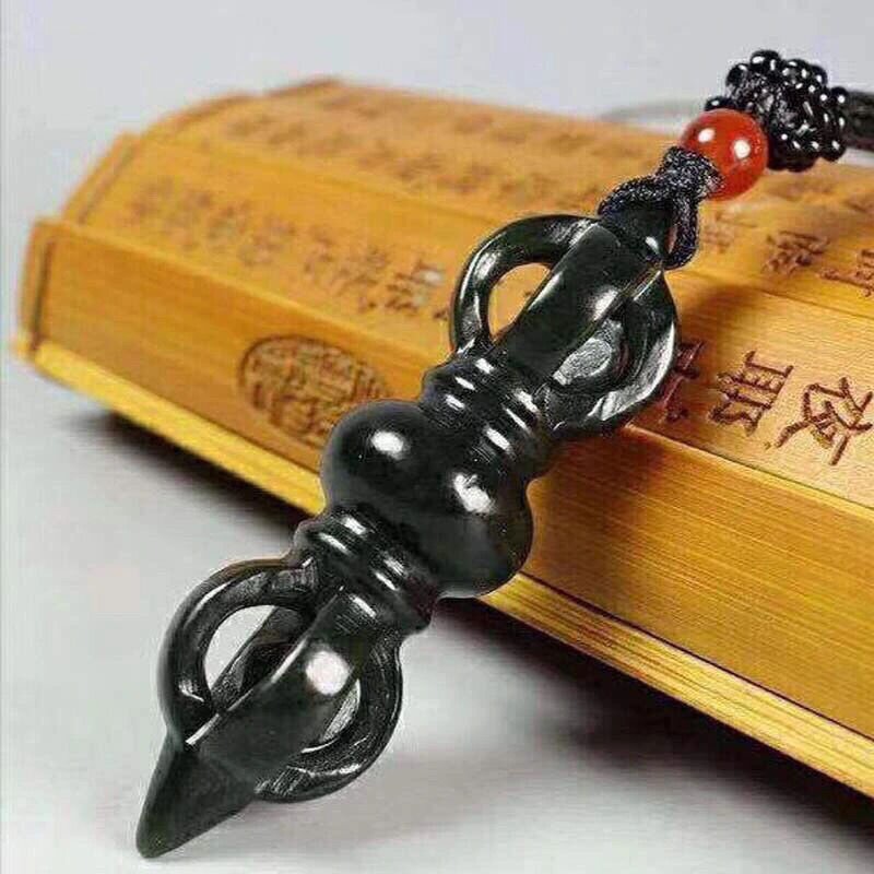 和田玉青玉金刚杵法器吊坠玉石降魔杵玉坠挂件新疆黑青料塔青一细