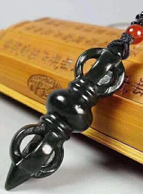 和田玉青玉金刚杵法器吊坠玉石降魔杵玉坠挂件新疆黑青料塔青一细