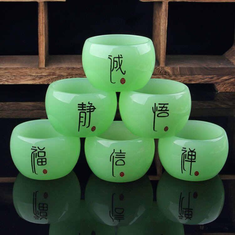 浅绿玉瓷功夫茶具套装 盖碗公道杯礼品茶具茶杯书法刻字红木礼盒