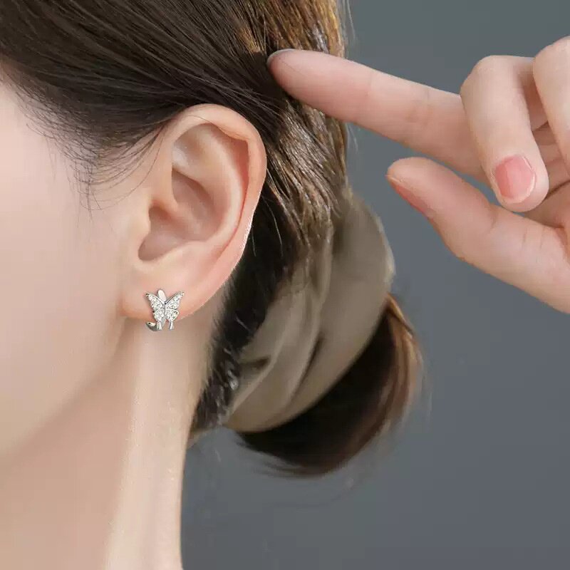 S999足银满钻蝴蝶耳环女轻奢高级感时尚耳扣甜美小众百搭耳圈批发