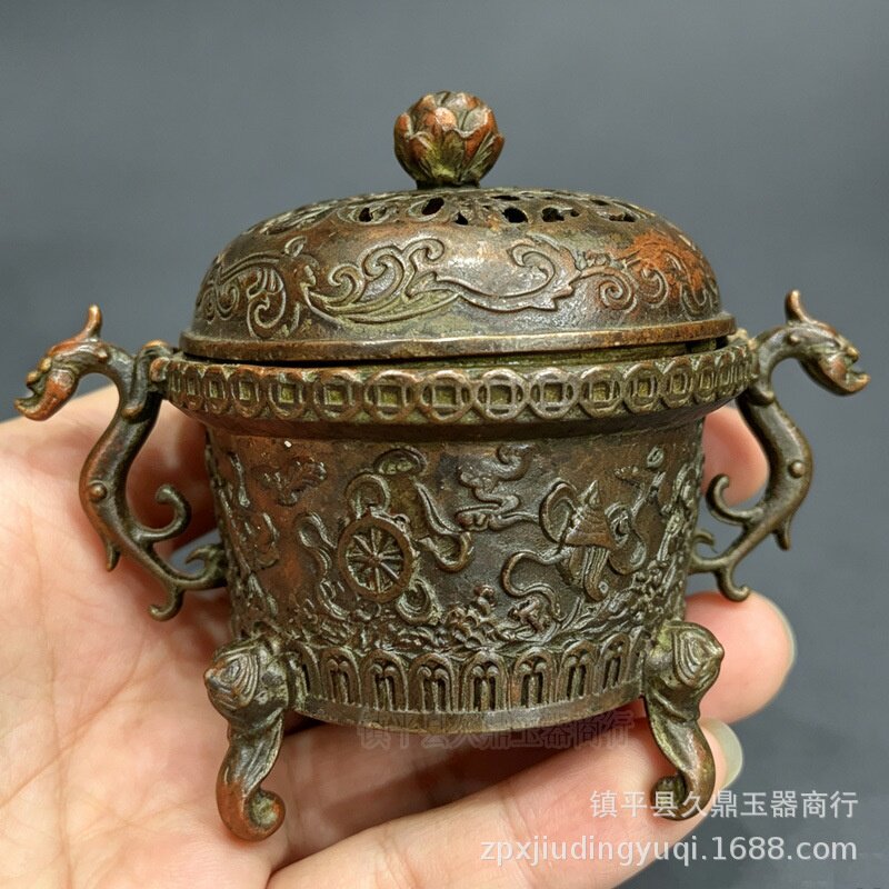 厂家批发仿古黄铜工艺品双龙耳八宝炉家居装饰摆件直播货源代发