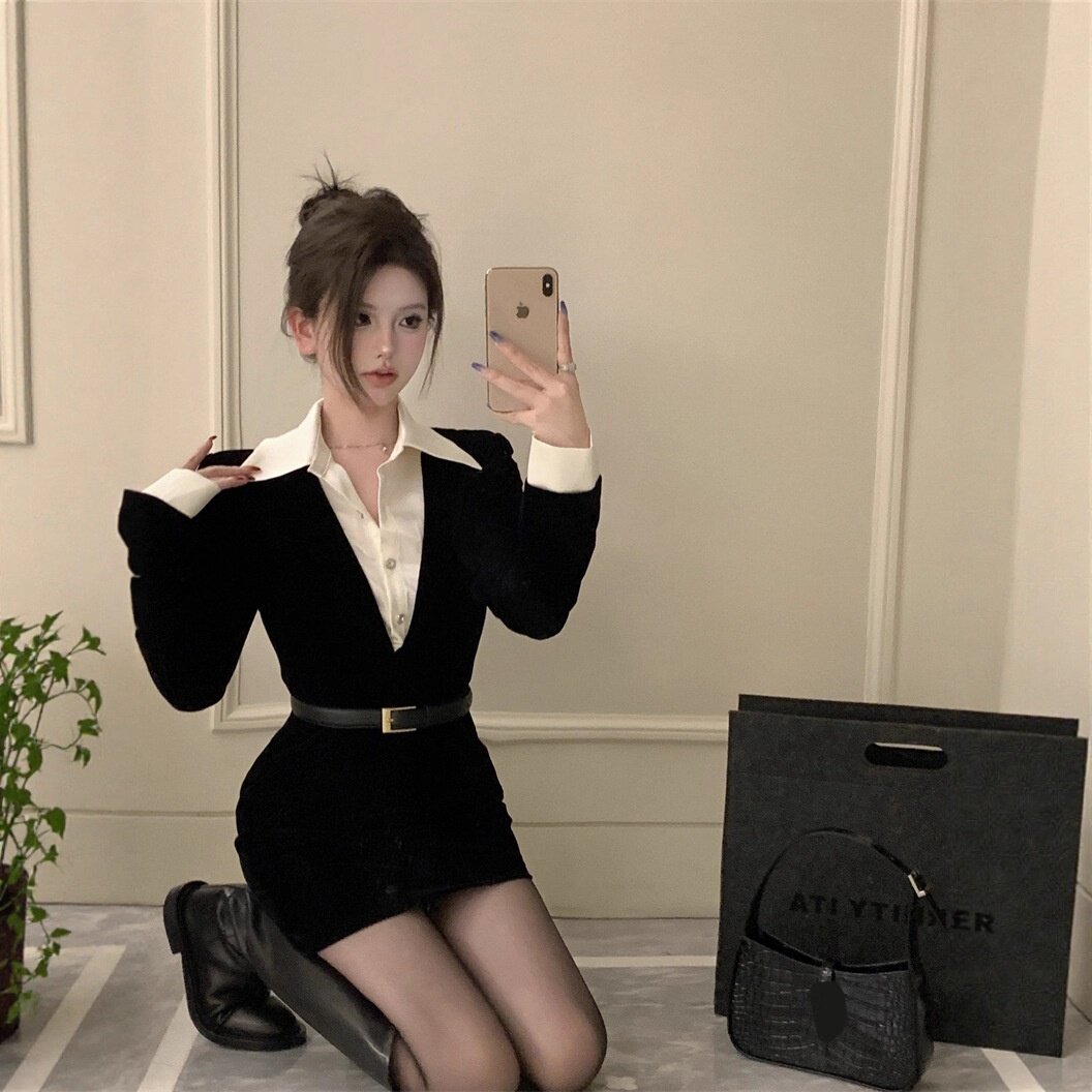 假两件御姐风黑色收腰显瘦秋冬新款纯欲风短裙子辣妹包臀连衣裙女