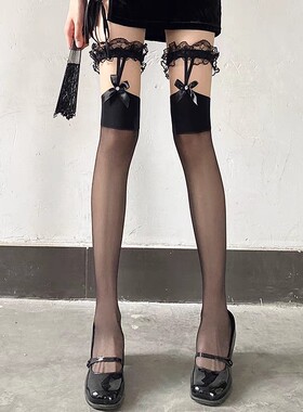 大腿袜吊带丝袜蕾丝花边过膝长筒袜黑色薄纯欲辣妹性感黑丝蝴蝶结