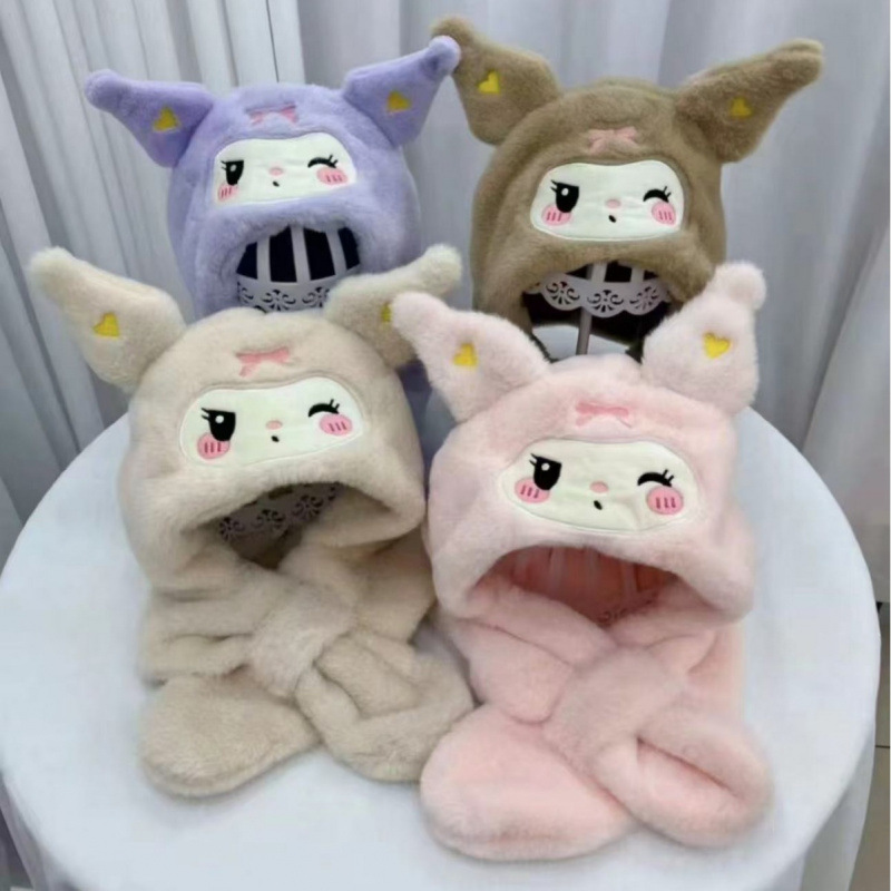 秋冬新款毛绒儿童二合一帽子围巾一体加绒加厚宝宝卡通护耳套头帽