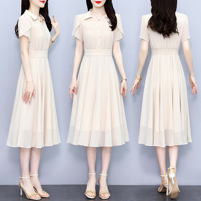 实拍#短袖连衣裙2026年夏季贵妇人雪纺大码胖mm收腰显瘦遮肚长裙