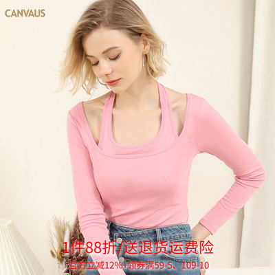 Outlets品牌折扣 CANVAUS秋装新款 挂脖假露肩港味ins假两件T恤女