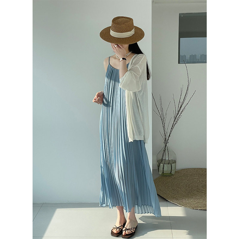 Outlets专柜正品 芷苁夕夏装新款风琴法式气质吊带宽松百褶连衣裙