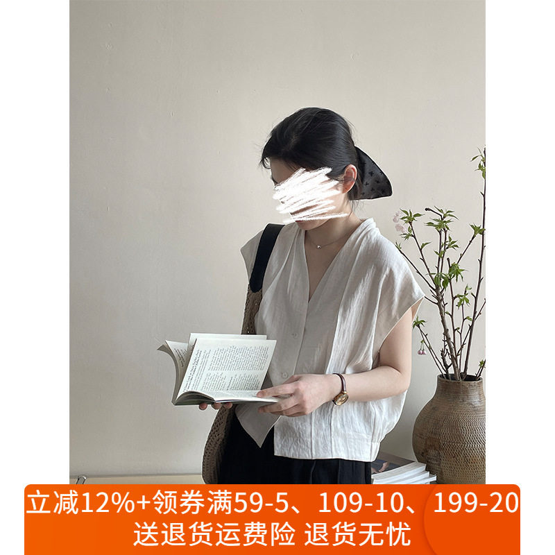 V领压褶坎肩无袖衬衫女