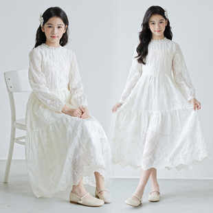 女童白色连衣裙春秋冬女大童法式公主裙子高级感仙女长裙生日礼服