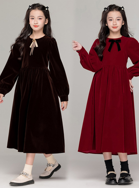 女童红色连衣裙秋冬中大童加绒冬裙生日公主裙洋气儿童裙子新年