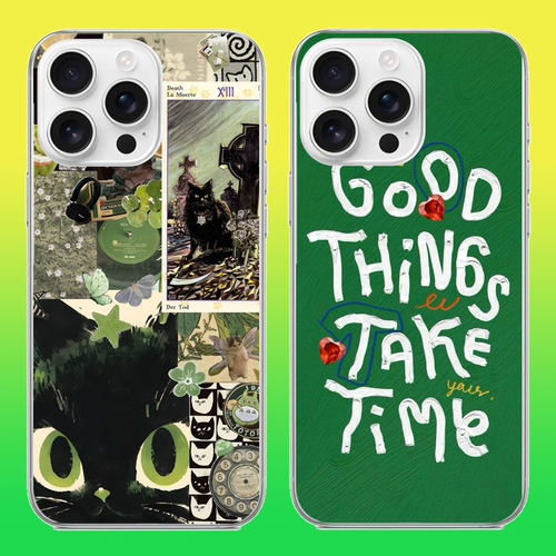 适用苹果17promax手机壳安卓透明软壳黑色猫咪动漫卡通good things take time好事多磨简约插画贴纸英文