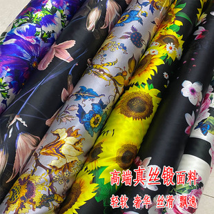 喷绘桑蚕丝面料19姆米弹力真丝锻连衣裙布料夏 黑底大花卉图案数码