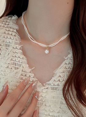 方糖双层叠戴珍珠项链2026新款项链轻奢小众小米珠珍珠颈链锁骨链