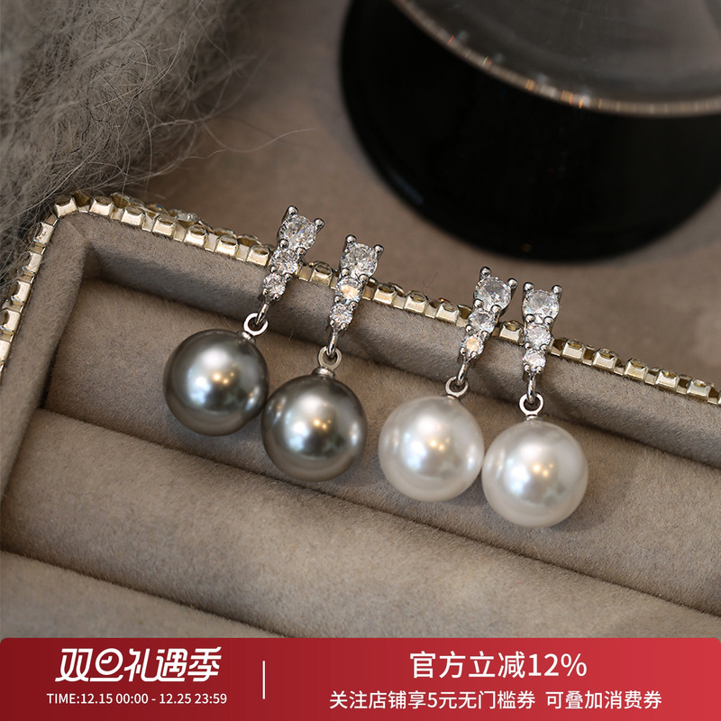 锆石施家珍珠耳钉女纯银耳钉小香风耳环2025新款爆款高级感耳坠