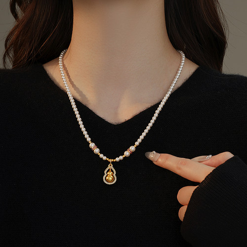 饰悟古法沙金转运葫芦珍珠项链女