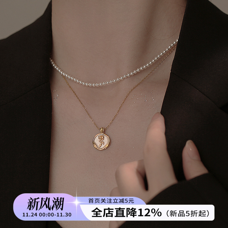 饰悟银饰玫瑰花珍珠项链女