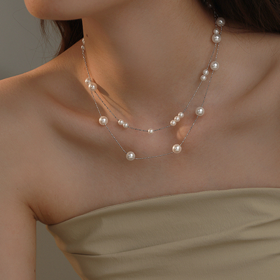 双层叠戴满天星珍珠项链颈链大小珠毛衣链轻奢高级感小众气质配饰