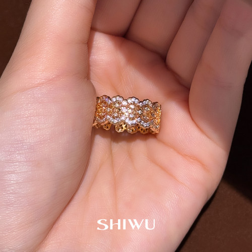 流羽星河金色镶钻开口戒可调节