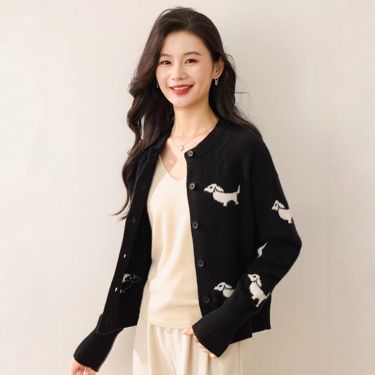 【100%绵羊毛】卡通小狗提花羊毛开衫女圆领宽松加厚针织衫毛衣