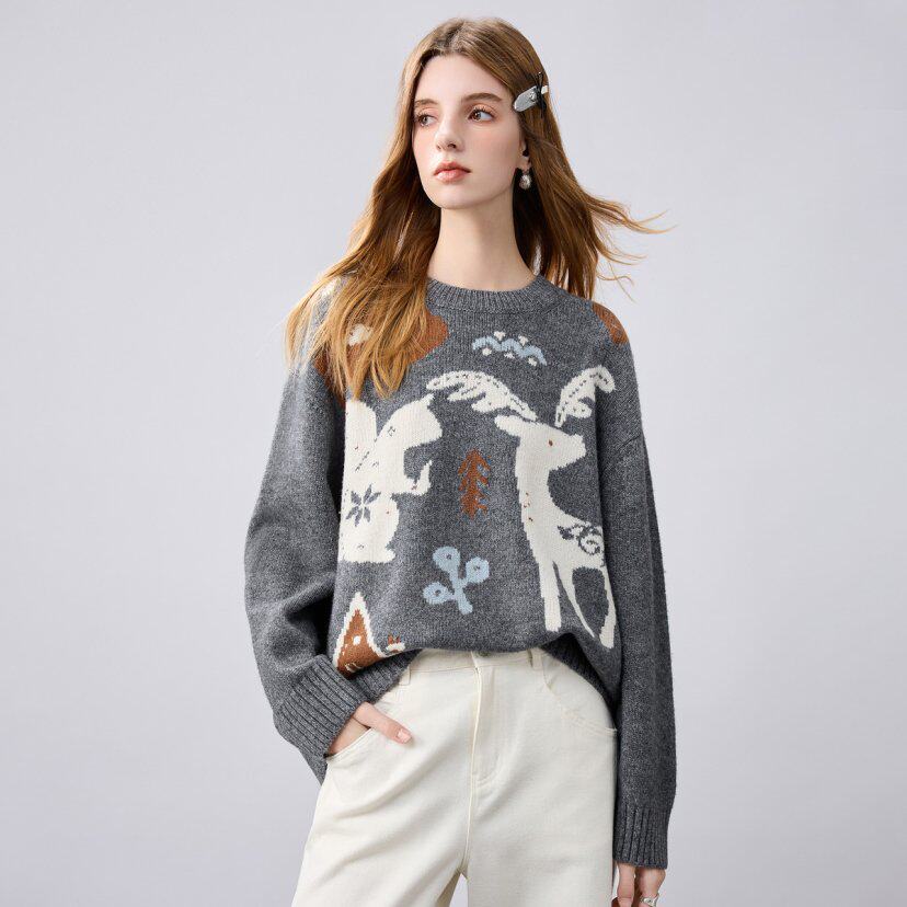 【100%绵羊毛】卡通小鹿圆领针织衫女宽松套头毛衣百搭休闲羊毛衫