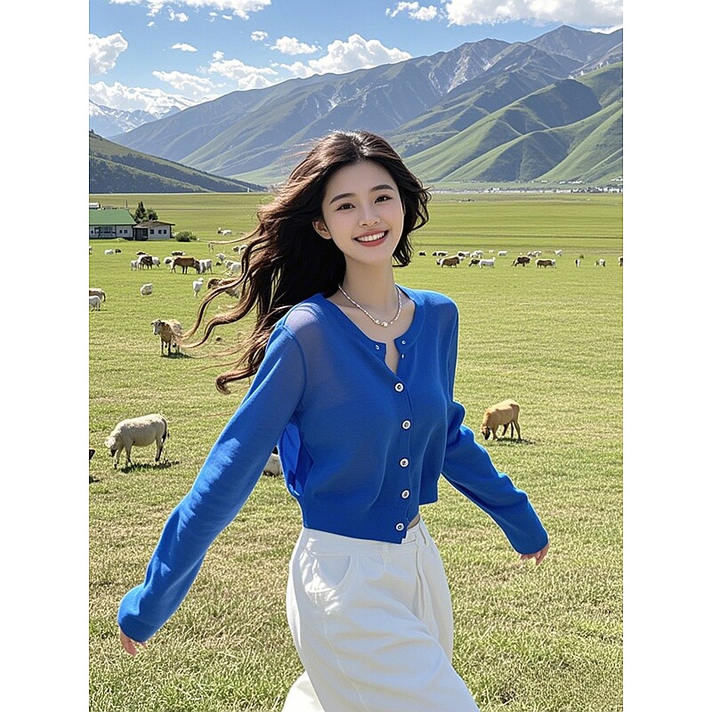 2025早秋新款韩系氛围感穿搭克莱因蓝毛衣针织开衫外套女短款上衣