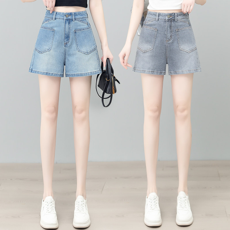 烟灰牛仔高腰阔腿A字短裤女