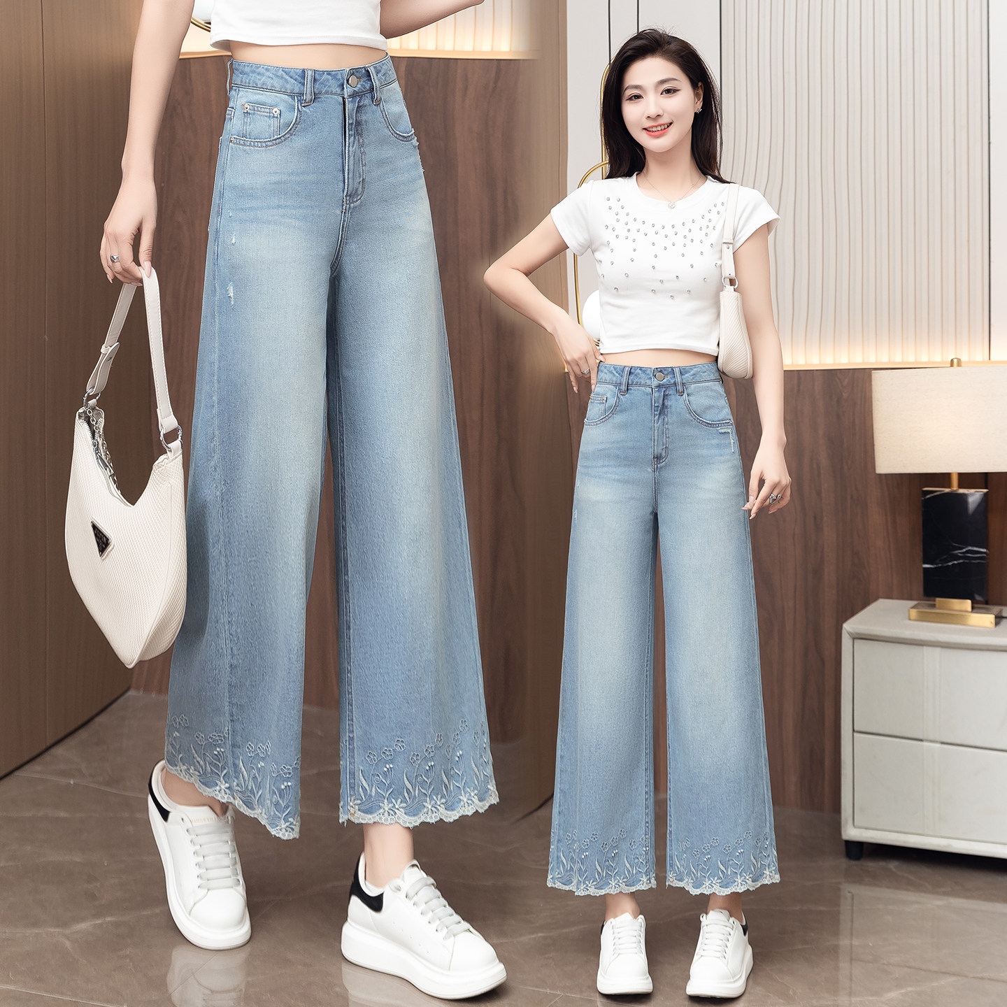 夏季薄款高腰显瘦阔腿牛仔裤女