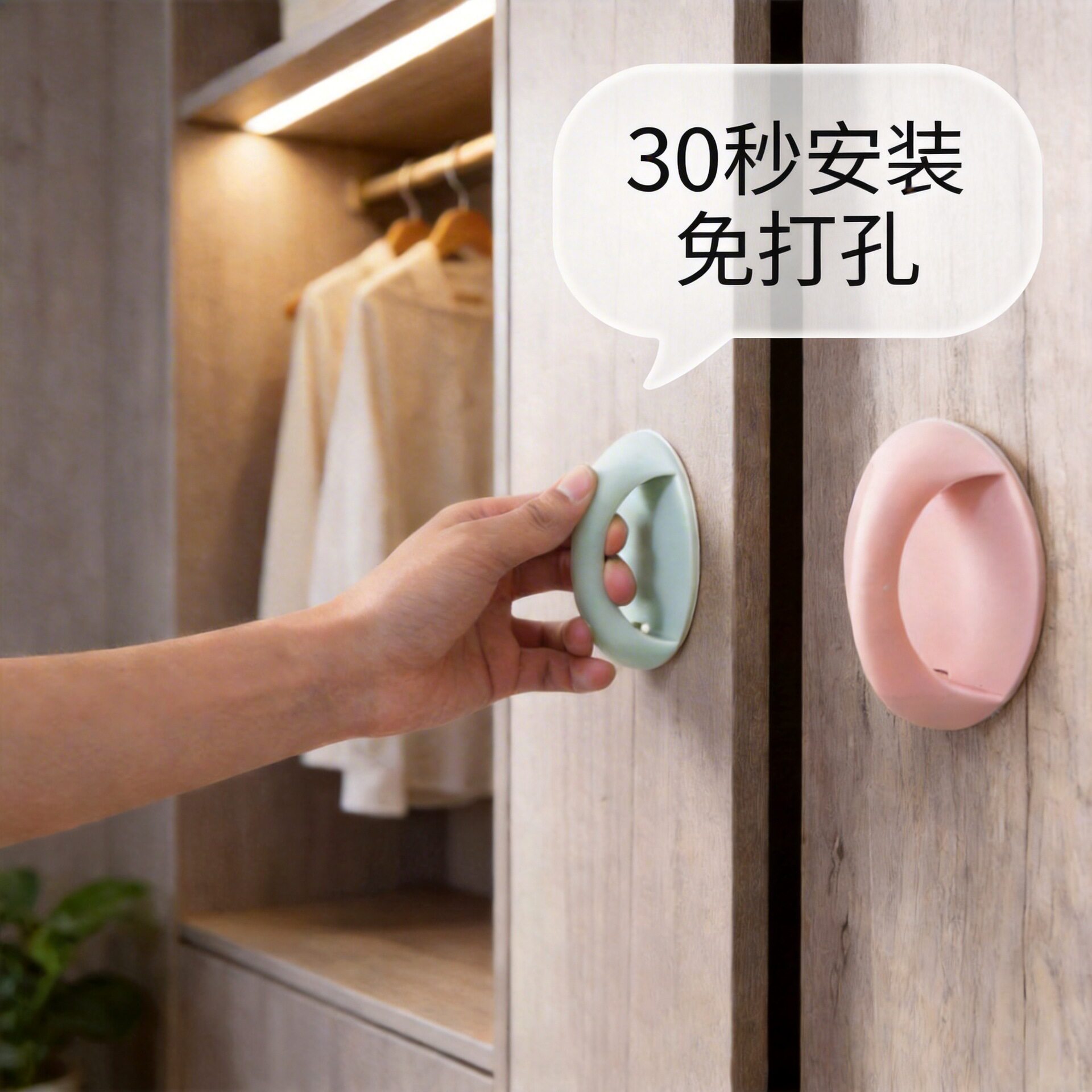 家用免打孔粘胶小拉手衣柜移门窗户玻璃推拉门把手自粘手提30个装