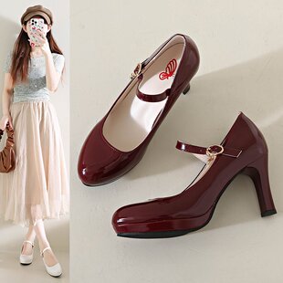 防水台浅口单鞋女高跟粗跟黑色经典圆头一字带皮鞋工作鞋四季通勤