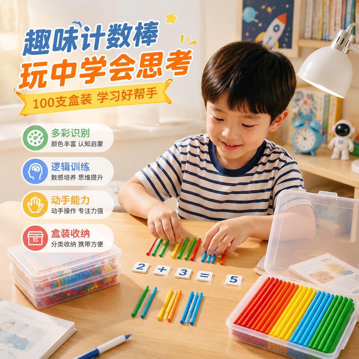 计数棒盒装100根数数棒小学生一二年级算数加减法教具神器小木棒