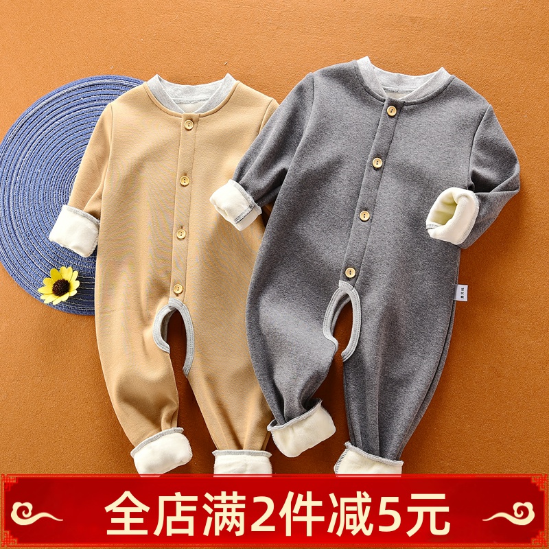宝宝加绒连体衣加厚冬1-3岁2儿童条纹保暖家居服婴儿开裆爬服睡衣