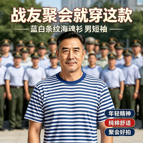 中年爸爸蓝白条纹海魂衫短袖