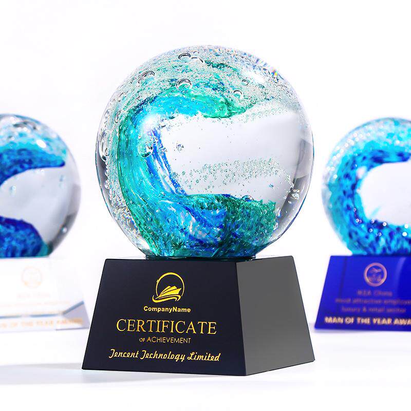 水晶创意奖杯手工制作玻璃海浪球水晶球奖杯纪念小奖座琉璃高端颁