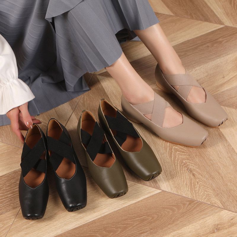 法式复古猪鼻子外穿芭蕾鞋女交叉绑带平头鞋真皮低粗跟单鞋玛丽珍
