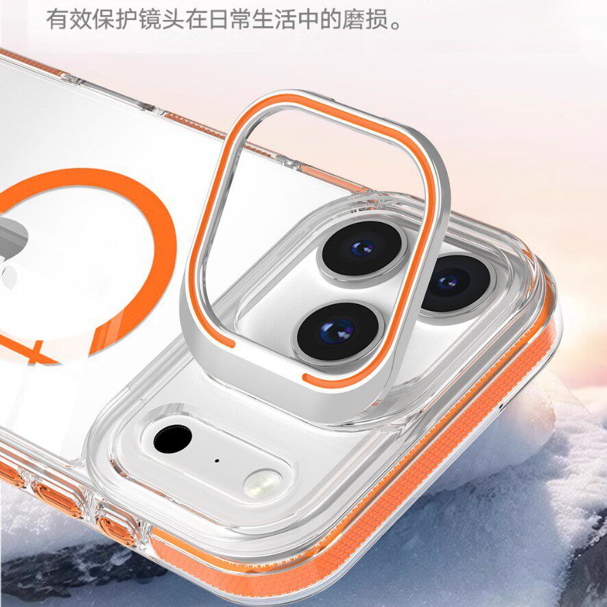 适用苹果17Promax手机壳16Pro透明全包15plus防摔iphone14带镜头支架可打开关2025新款磁吸橙色13p高级感12pm