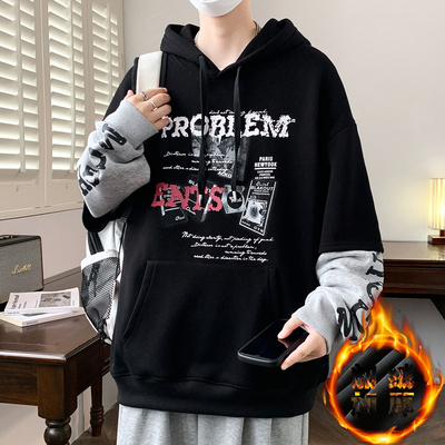 秋冬款连帽卫衣男孩初中高中学生加绒加厚青少年外套大童冬装上衣