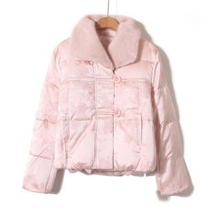 新中式国风提花水貂毛短款羽绒服女冬季新款小个子白鸭绒保暖外套