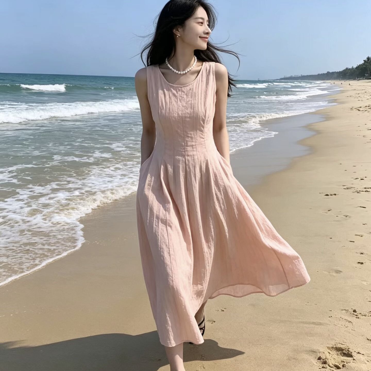 2026夏季新款时尚气质显瘦无袖连衣裙女法式甜美减龄纯欲风长裙子