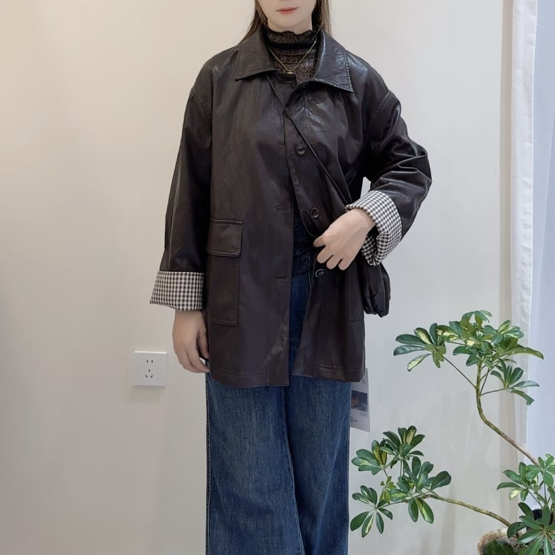 2025秋季新款韩版时尚翻领单排扣PU皮衣中长款外套女宽松显瘦上衣