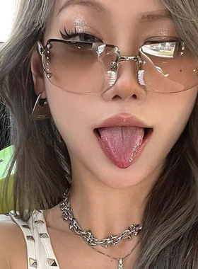 Y2K一体式镶钻墨镜无框辣妹凹造型抖音网红同款太阳眼镜防紫外线