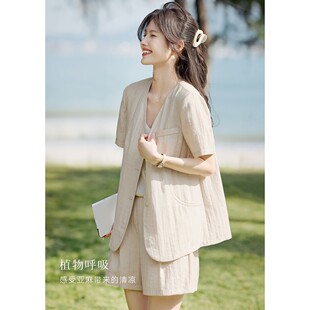 专柜棉麻短袖西装外套套装女2026夏季休闲松弛阔腿短裤两件套