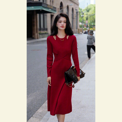 轻奢品牌羊毛红色针织打底裙秋冬