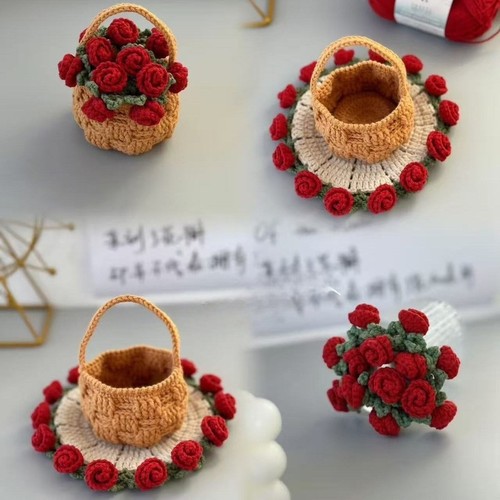 创意迷你玫瑰花束杯垫毛线钩针手工diy编织材料包针织勾无聊解闷