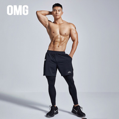 OMG高弹假两件速干紧身健身裤男