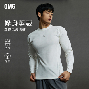 打底衫 t恤男春秋季 运动休闲紧身衣服弹力 坑条纹健身长袖 OMG运动