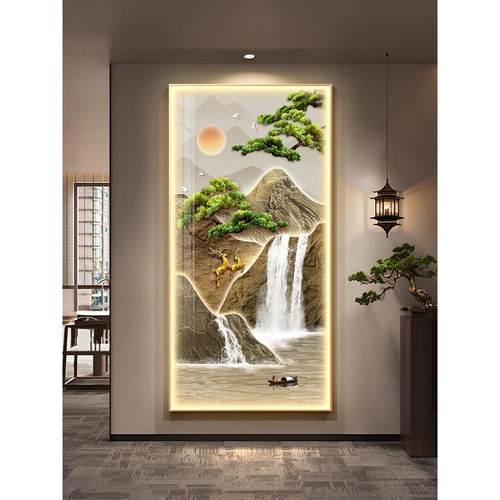 玄关装饰画新中式山水led灯画迎客松入户走廊过道挂画高级感壁画