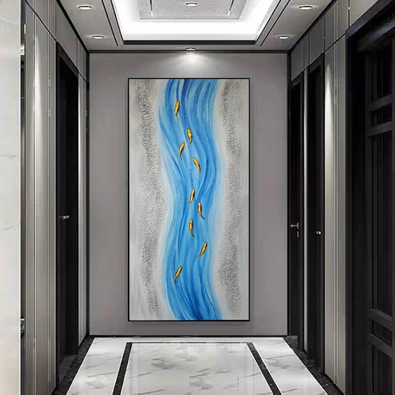 2025原创新款手绘油画九鱼立体入户玄关挂画如鱼得水竖版大芬油画