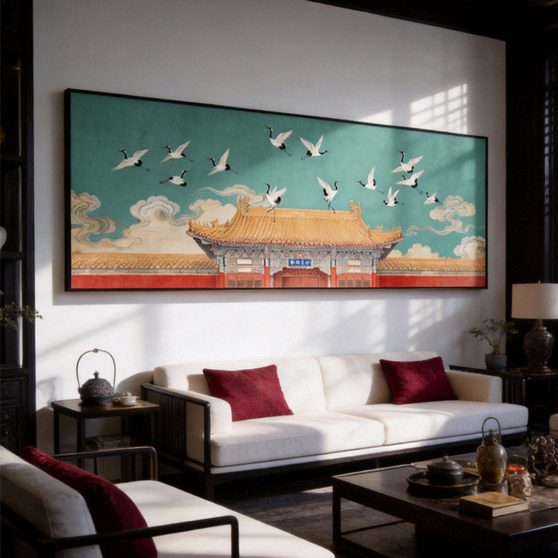 瑞鹤图挂画新中式客厅沙发背景墙装饰画2026新款茶室氛围禅意壁画