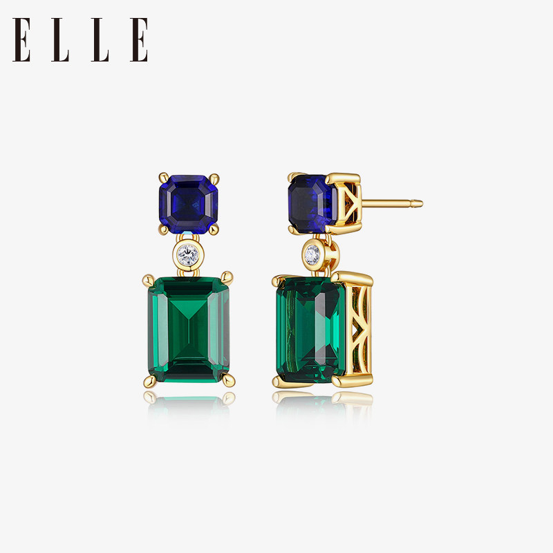 ELLE祖母绿耳环彩色宝石耳钉银耳针轻奢克莱因蓝生日礼物送女友