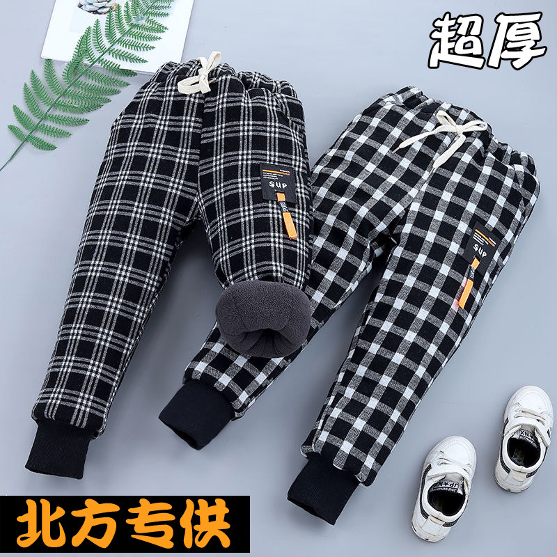 儿童棉裤冬季加绒加厚棉裤男童女童外穿保暖裤中大童格子高腰裤子
